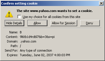 Confirm setting cookie dialog box