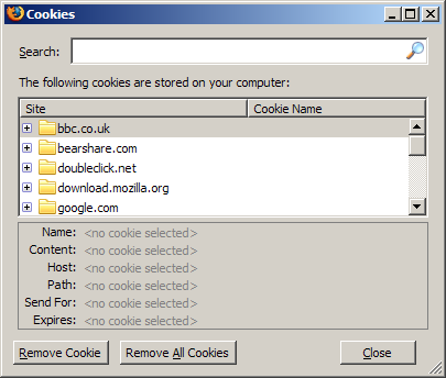 Cookies dialog box