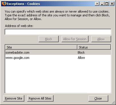 Exceptions dialog box